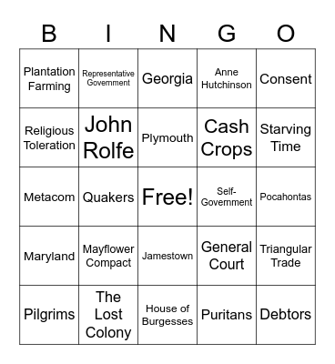 Early Colonies Bingo Card