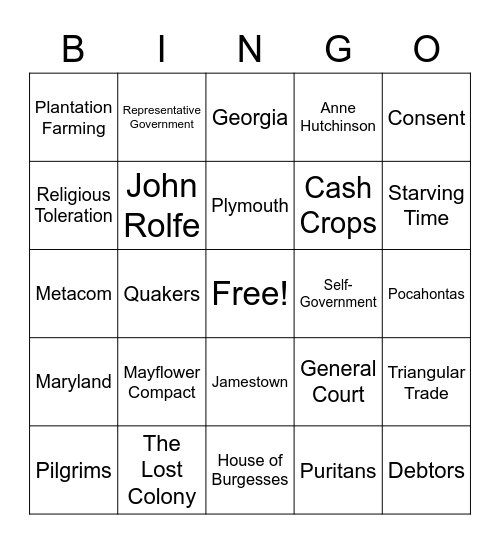 Early Colonies Bingo Card