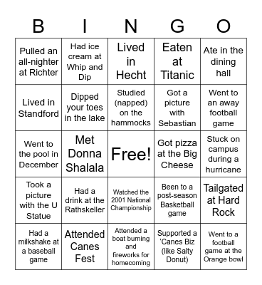 University of Miami Bingo Card