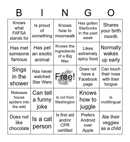 Human Bingo! Find Somebody Who... Bingo Card