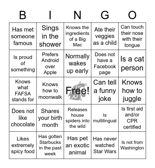 Human Bingo! Find Somebody Who... Bingo Card