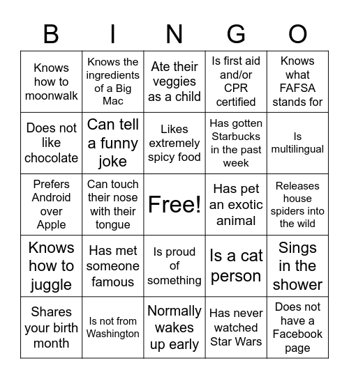 Human Bingo! Find Somebody Who... Bingo Card
