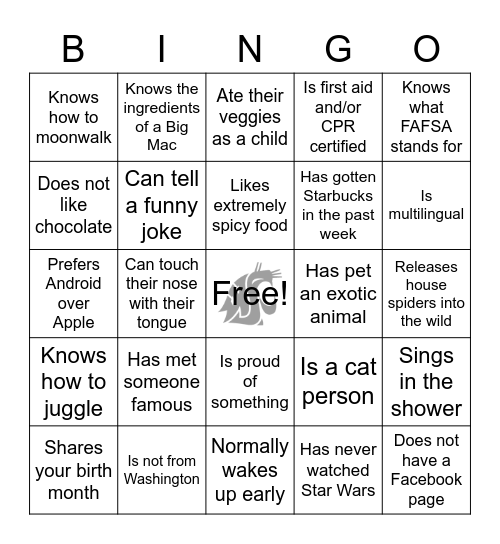 Human Bingo! Find Somebody Who... Bingo Card