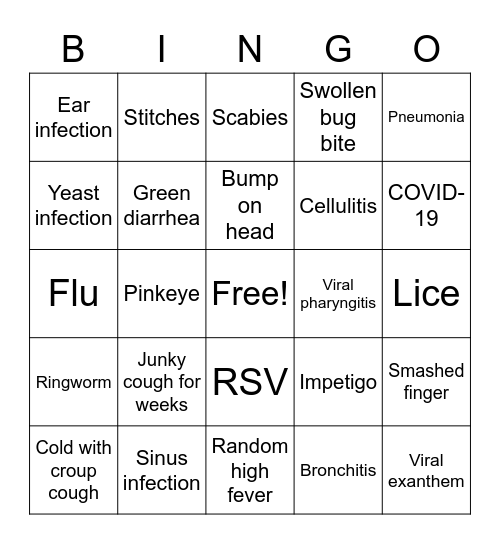 Preschool Illness Bingo Card