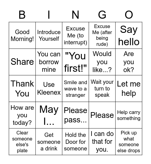 Courtesy Bingo Card