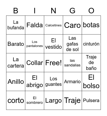 La Ropa Bingo Card