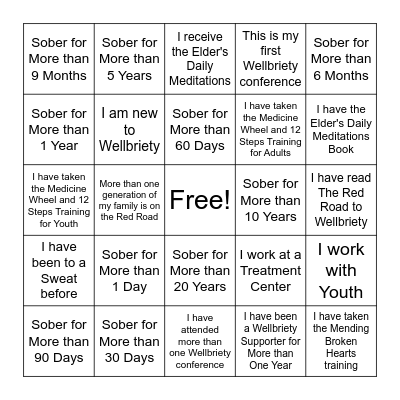 Wellbriety Bingo Card