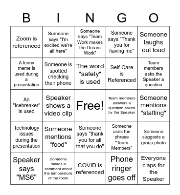 MS6 Staff Retreat Bingo! Bingo Card