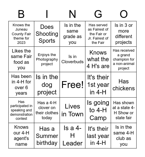 4-H Camporee Bingo Card