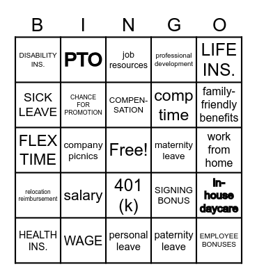 Job Benefits Bingo Card