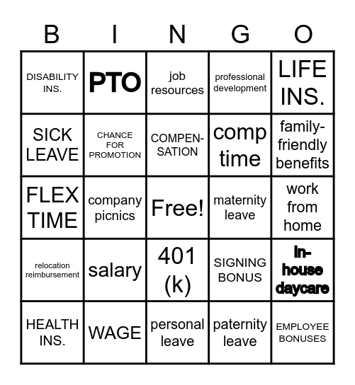 Job Benefits Bingo Card