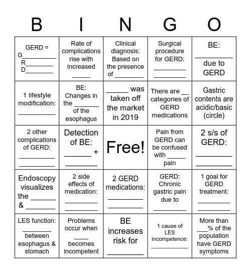 GERD & Barrett's Esophagus Bingo Card