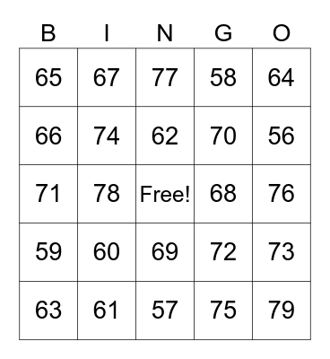 French numbers 56-79 Bingo Card
