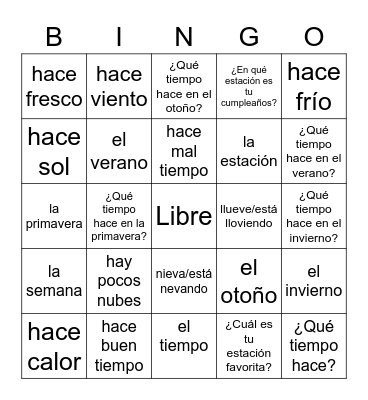 El Tiempo y Las estaciones Bingo Card