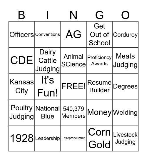 8th Grade Ag Day Bingo Card