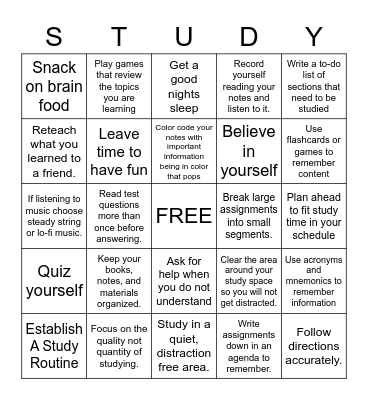 Study Skills Bingo Card