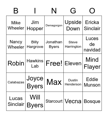 STRANGER THINGS Bingo Card
