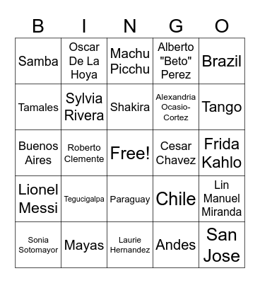 Hispanic Heritage Month Bingo Card