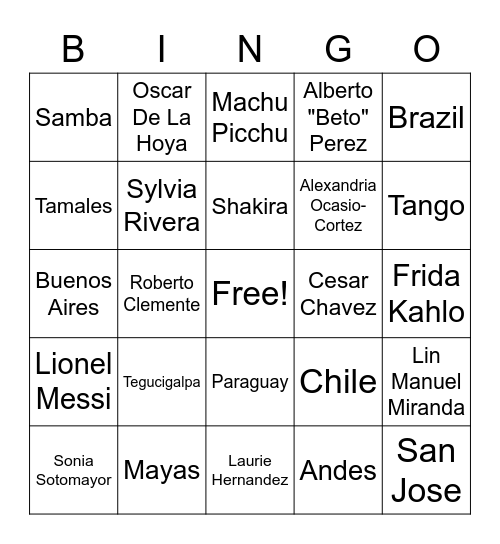 Hispanic Heritage Month Bingo Card