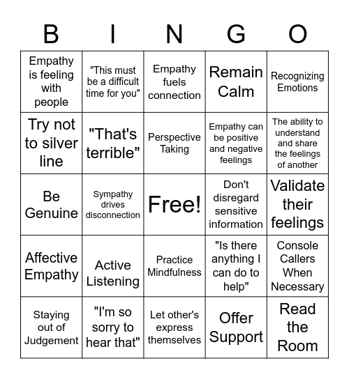 Empathy Bingo Card