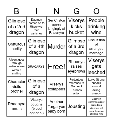 House of the Dragon Bingo Card Bingo Card