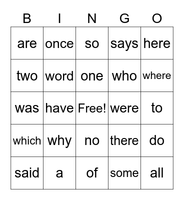 Sight Words-Unit 1 Bingo Card