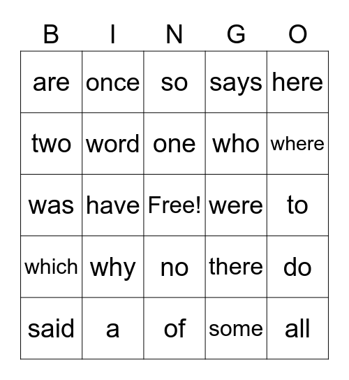 Sight Words-Unit 1 Bingo Card