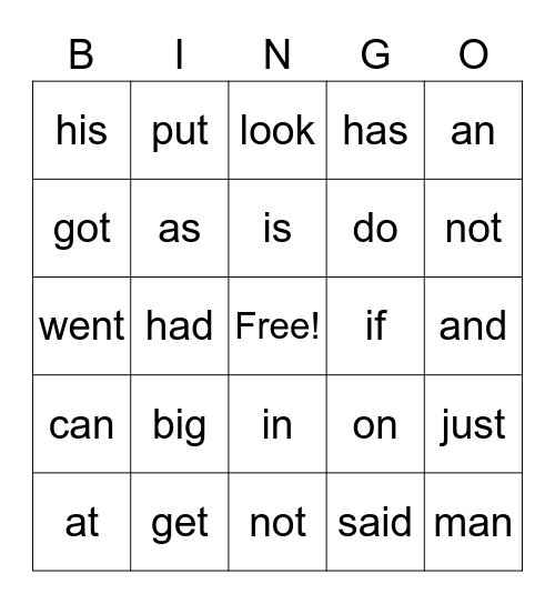 First Grade 1st Nine Week HFW Bingo Card