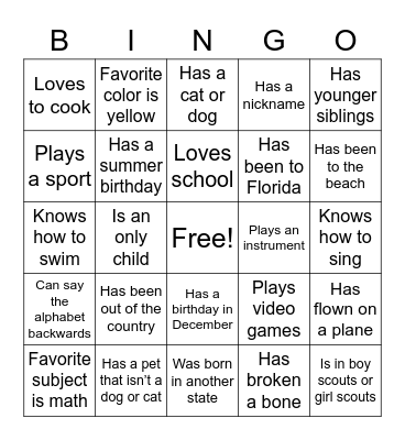 Human scavenger hunt Bingo Card