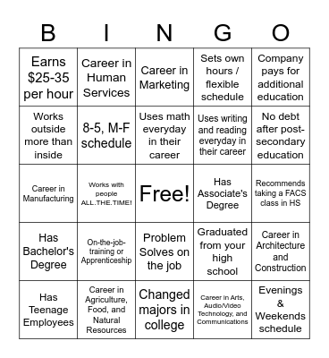 BCC CTE Exploration Day Bingo Card