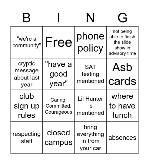 Advisory bingo Card