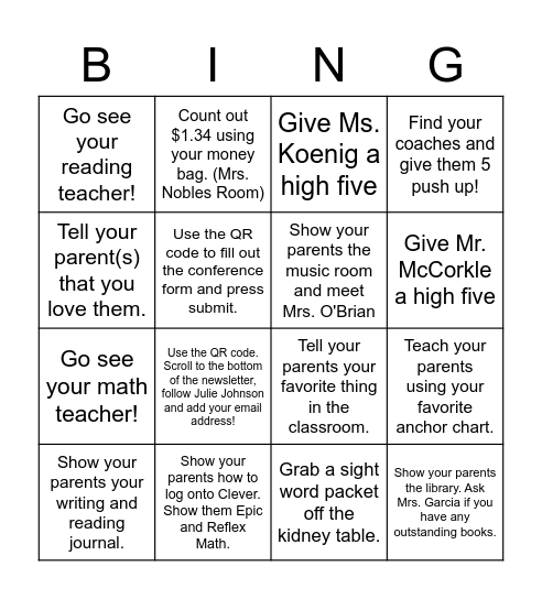 Open House Bingo Card