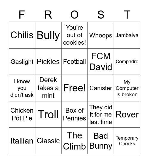 Frost Bank Bingo Card