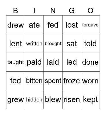 IRREGULAR VERBS BINGO Card