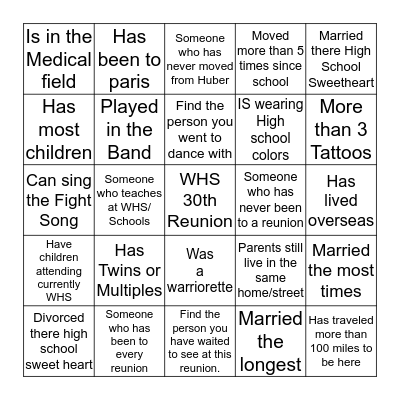 WAYNE WARRIORS 30th Reunion Bingo Card