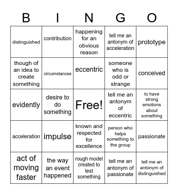 Vocabulary 1.11 Bingo Card