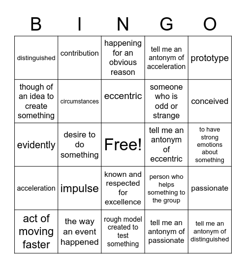 Vocabulary 1.11 Bingo Card