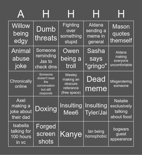 Ahh Server Bingo Card