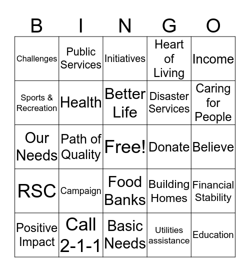 United Way 2016 Campaign Bingo Card