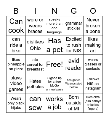 NIS Icebreaker Bingo Card
