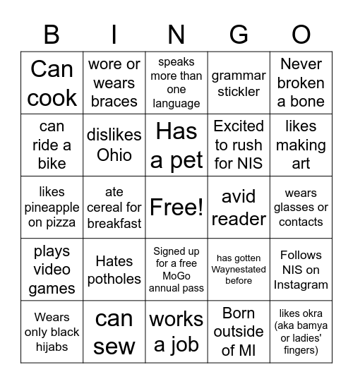 NIS Icebreaker Bingo Card