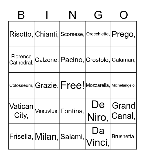 DAY IN ITALY Bingo Card