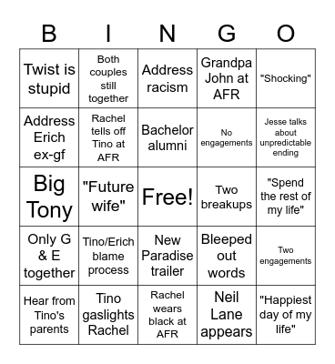 Bachelorette Finale Pt. 2 Bingo Card