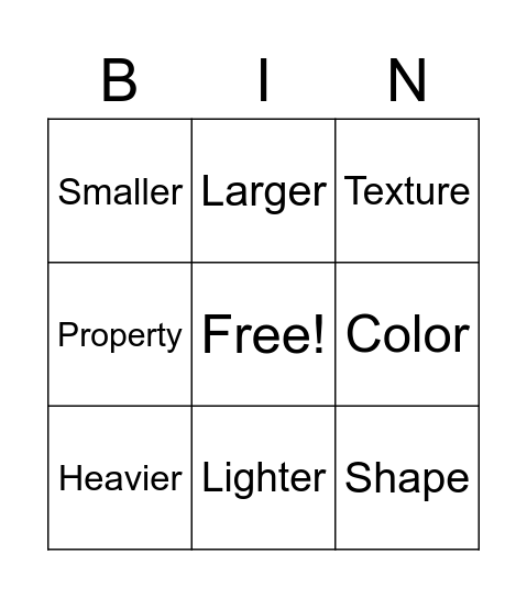 Properties of Matter Bingo Card