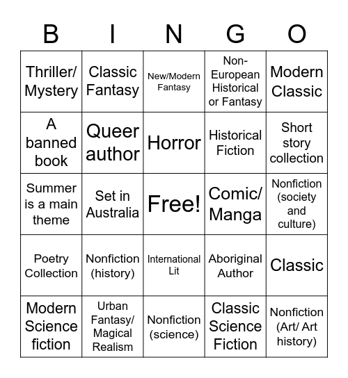 Summer Reading Bingo Card