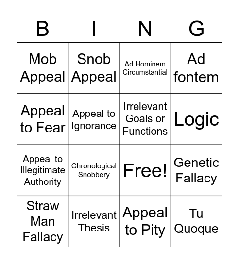 Informal Fallacies Bingo Card