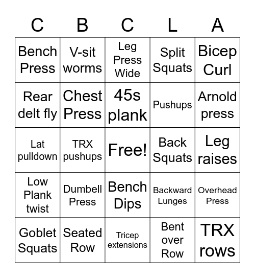 Weight Room Bingo Card