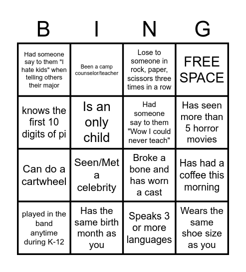 ELEMENTARY EDUCATION CLUB BINGO Card