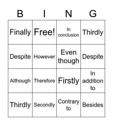 Connectives Bingo Card