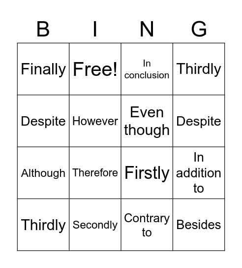 Connectives Bingo Card